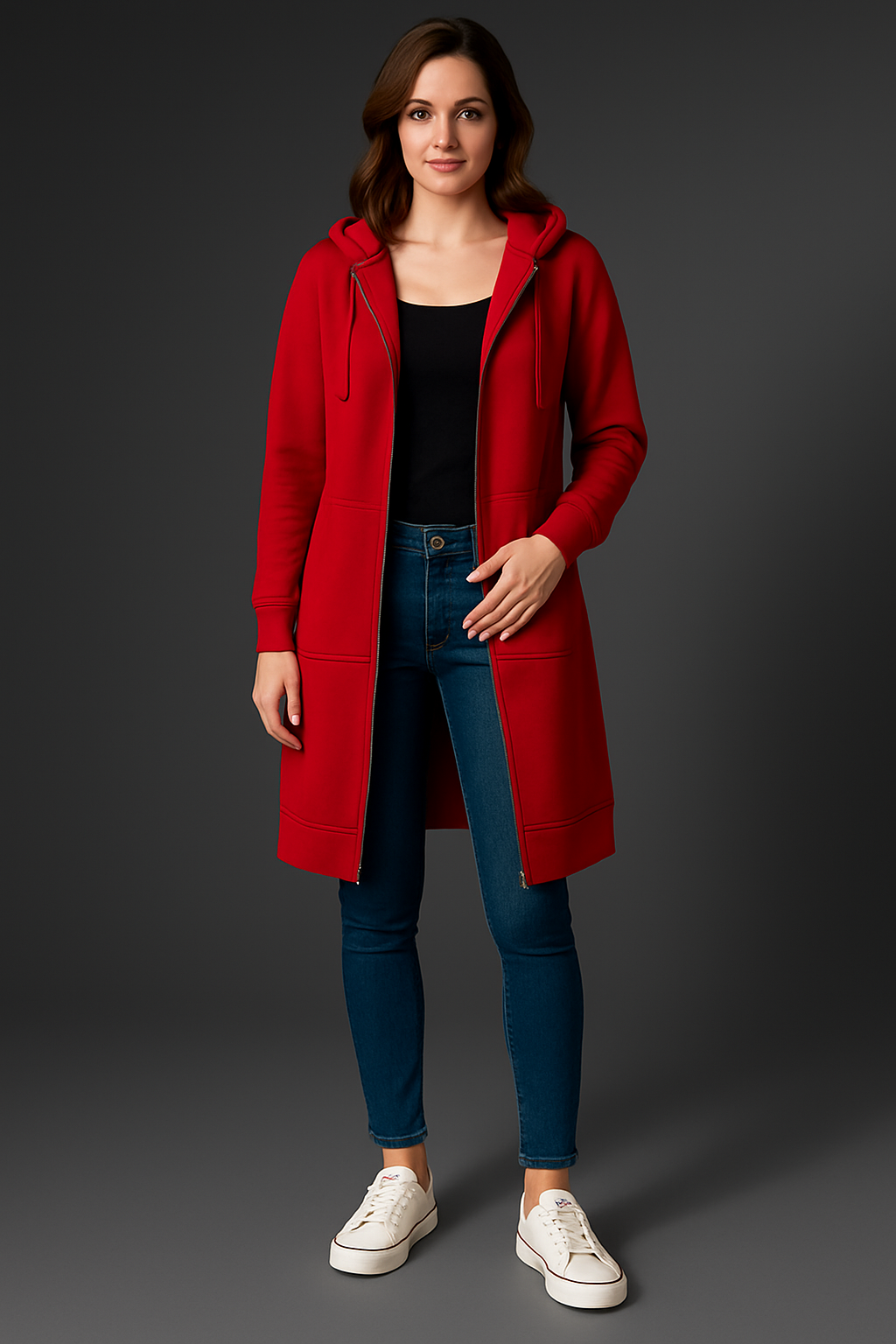 Women's Longline Hooded Jacket with Zipper and Pockets | E&R - 2 - Elvaroza.com
