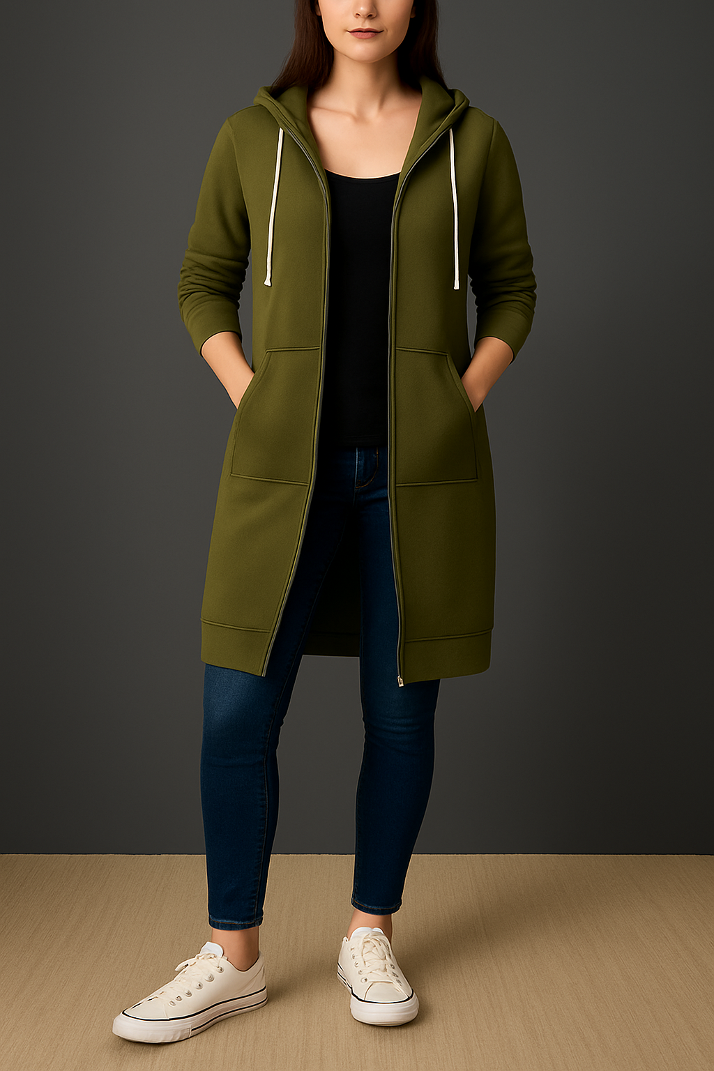 Women's Longline Hooded Jacket with Zipper and Pockets | E&R - 3 - Elvaroza.com
