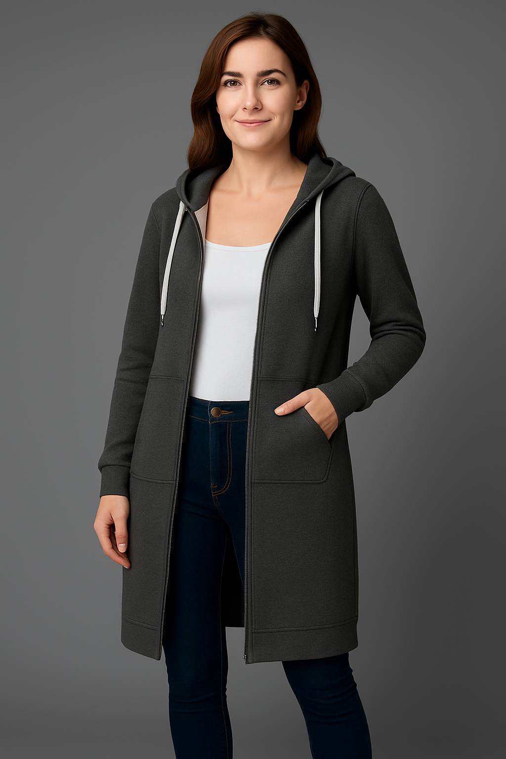 Women's Longline Hooded Jacket with Zipper and Pockets | E&R - 6 - Elvaroza.com