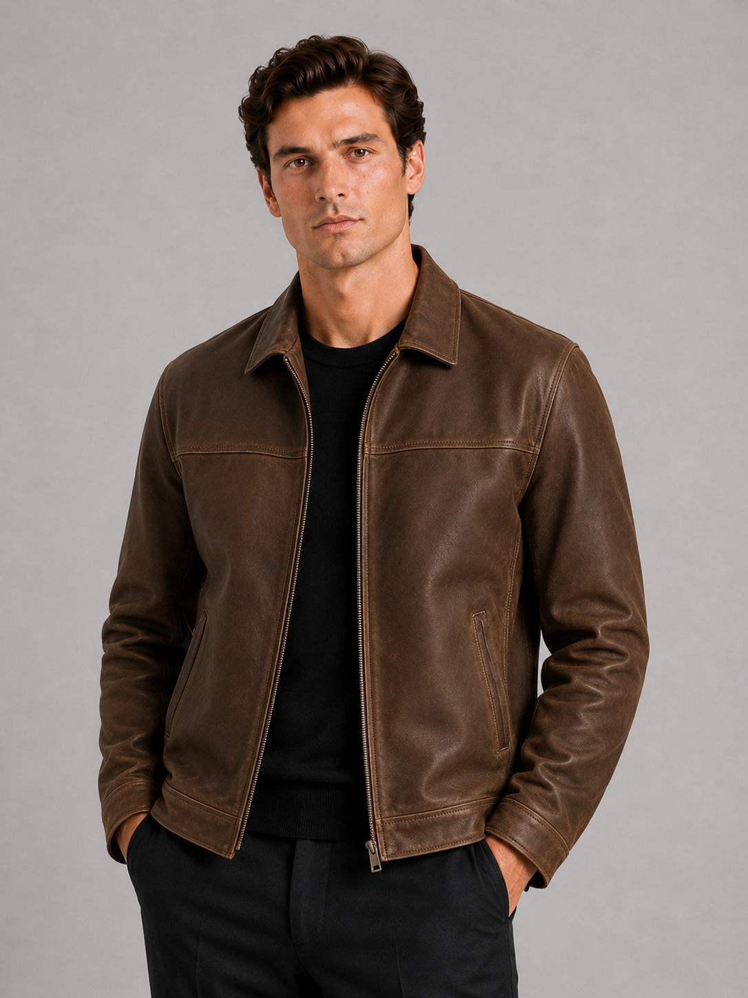 Men's leather jacket with a classic cut and elegant zipper - J&B; - 1 - Elvaroza.com