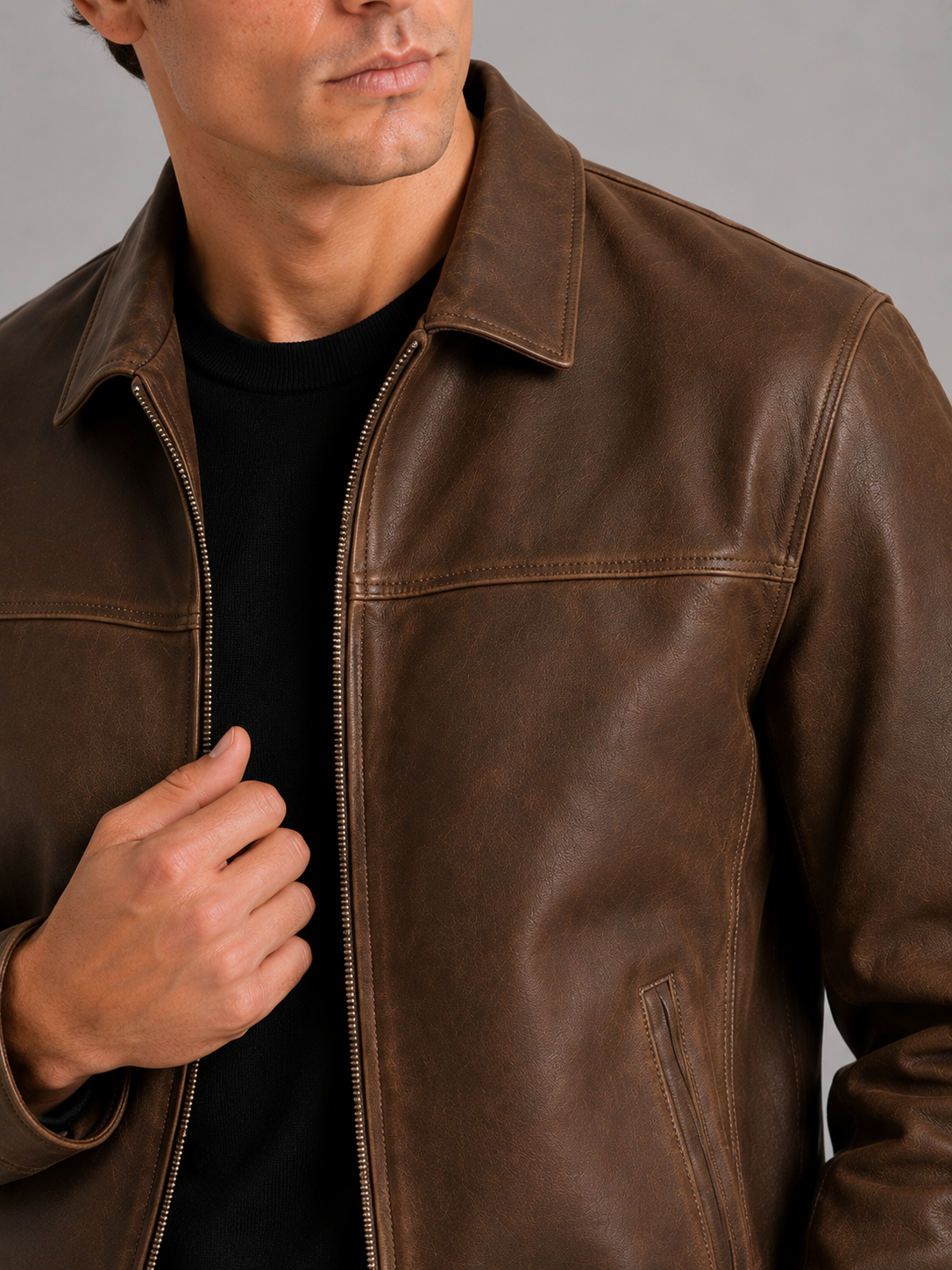 Men's leather jacket with a classic cut and elegant zipper - J&B; - 3 - Elvaroza.com