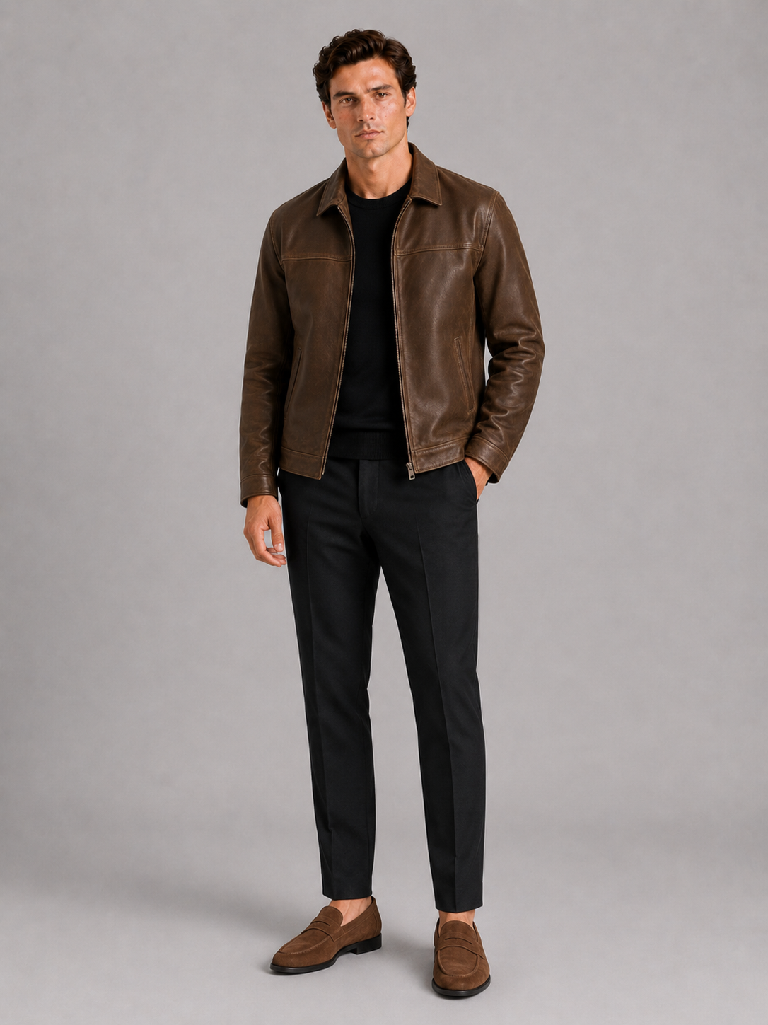 Men's leather jacket with a classic cut and elegant zipper - J&B; - 4 - Elvaroza.com