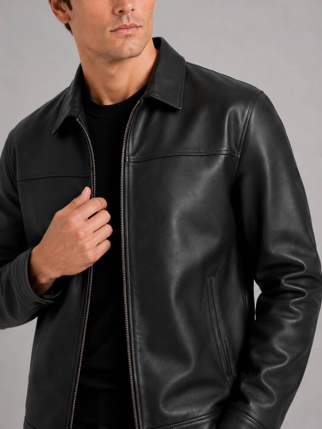 Men's leather jacket with a classic cut and elegant zipper - J&B; - 9 - Elvaroza.com