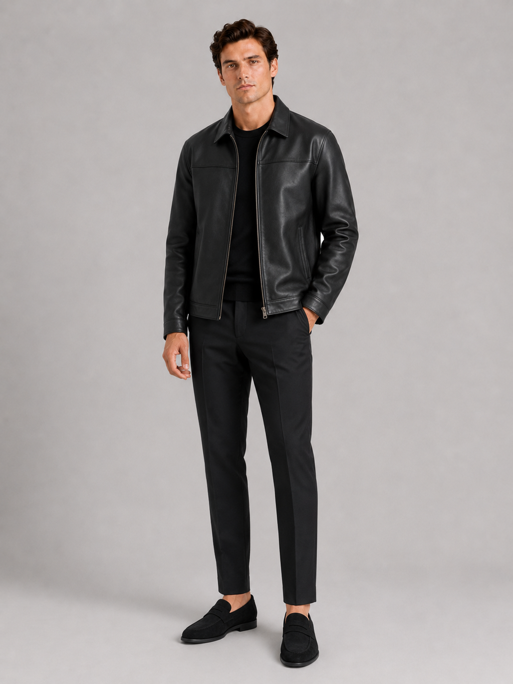 Men's leather jacket with a classic cut and elegant zipper - J&B; - 10 - Elvaroza.com