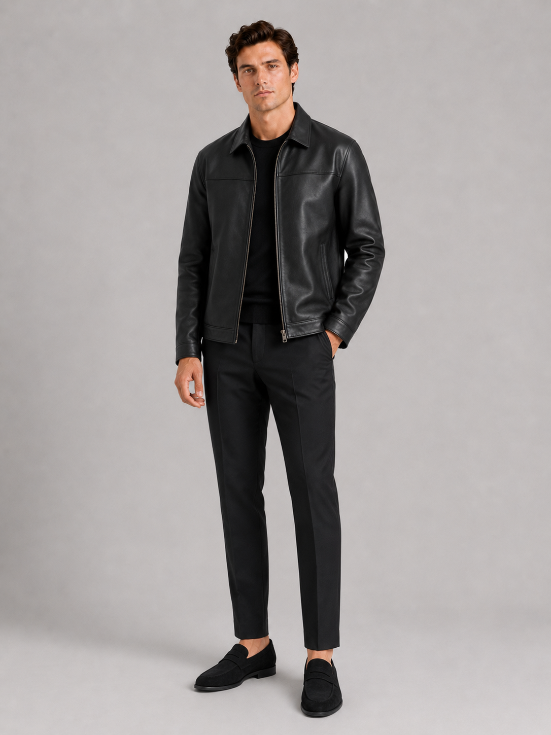 Men's leather jacket with a classic cut and elegant zipper - J&B; - 10 - Elvaroza.com