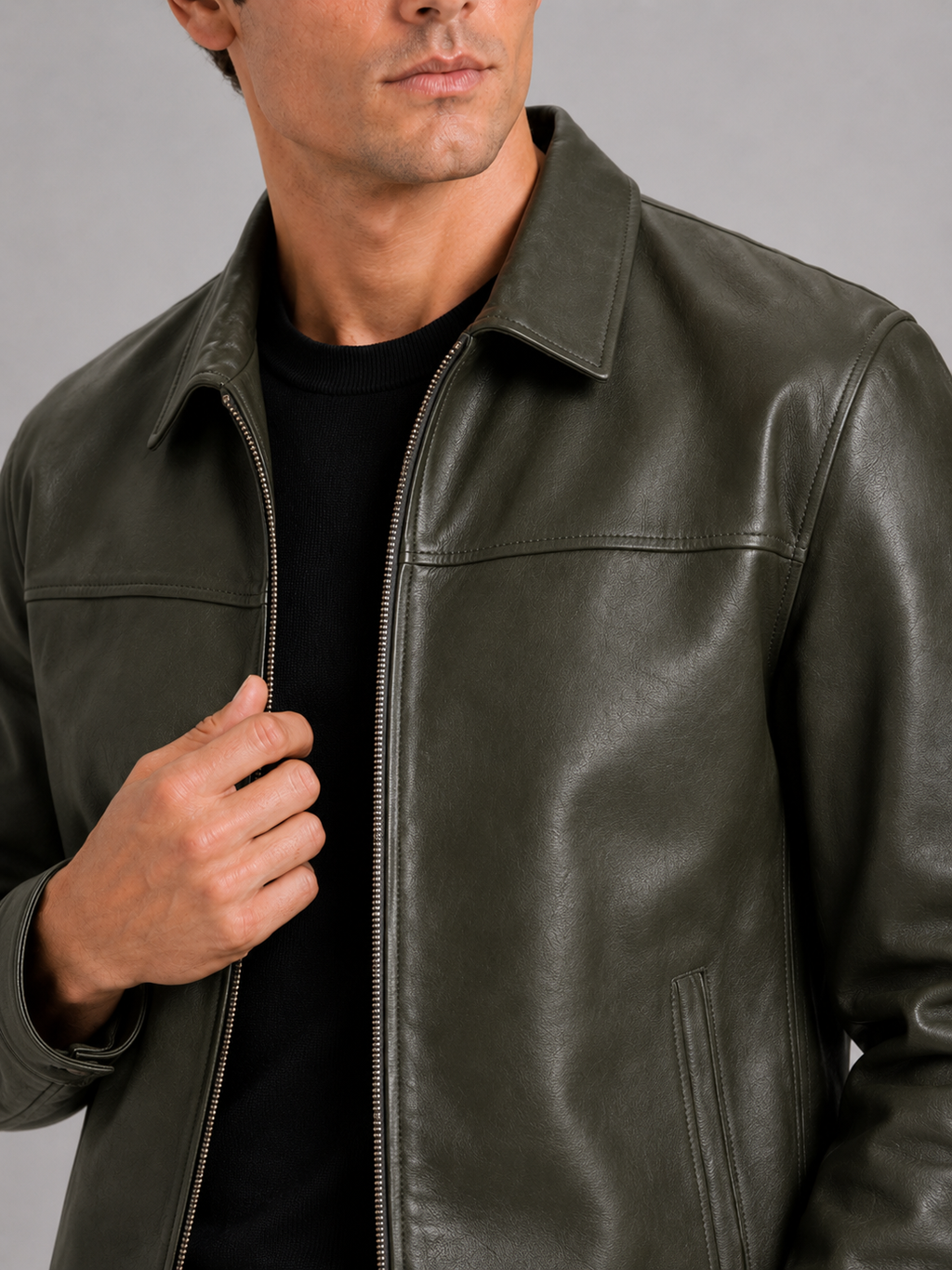 Men's leather jacket with a classic cut and elegant zipper - J&B; - 14 - Elvaroza.com