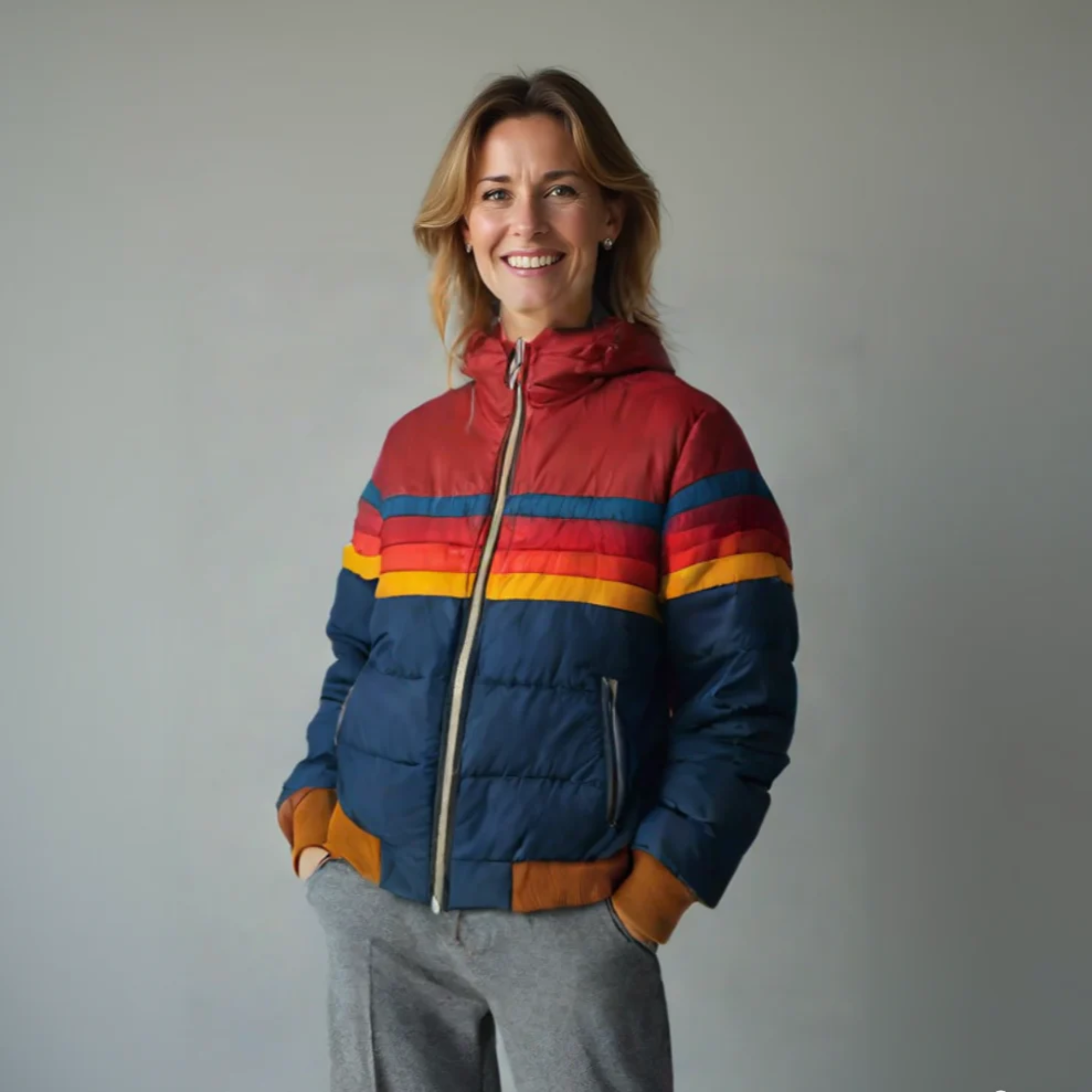 Women's Quilted Jacket with Colorful Stripe Pattern and Zipper - J&B; - 1 - Elvaroza.com