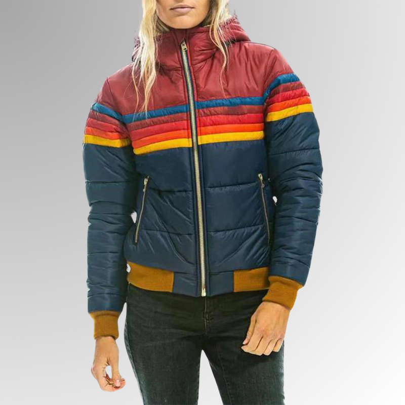 Women's Quilted Jacket with Colorful Stripe Pattern and Zipper - J&B; - 2 - Elvaroza.com
