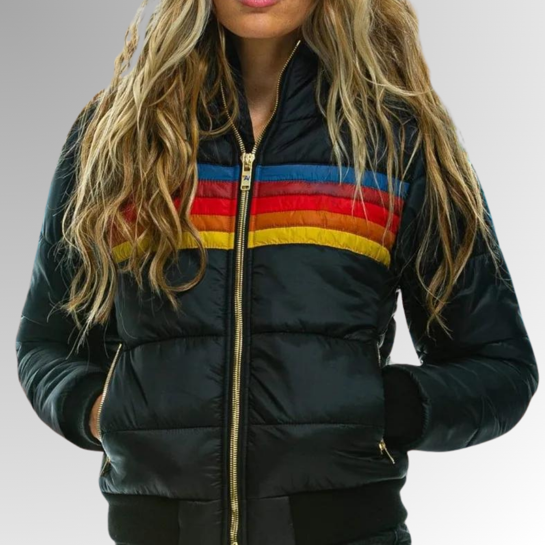 Women's Quilted Jacket with Colorful Stripe Pattern and Zipper - J&B; - 3 - Elvaroza.com