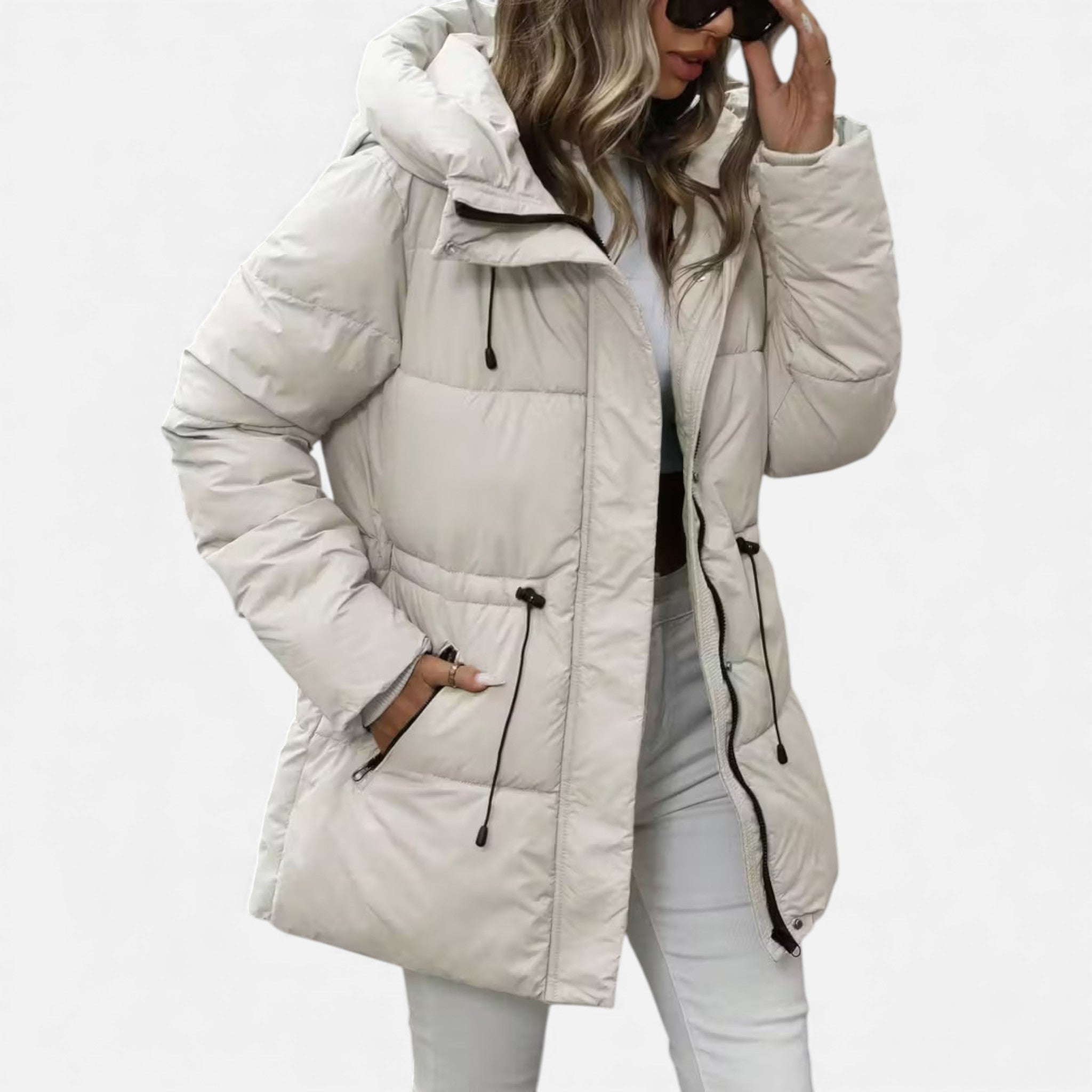 Women's Long Down Jacket with Hood and Adjustable Drawstring - J&B; - 4 - Elvaroza.com