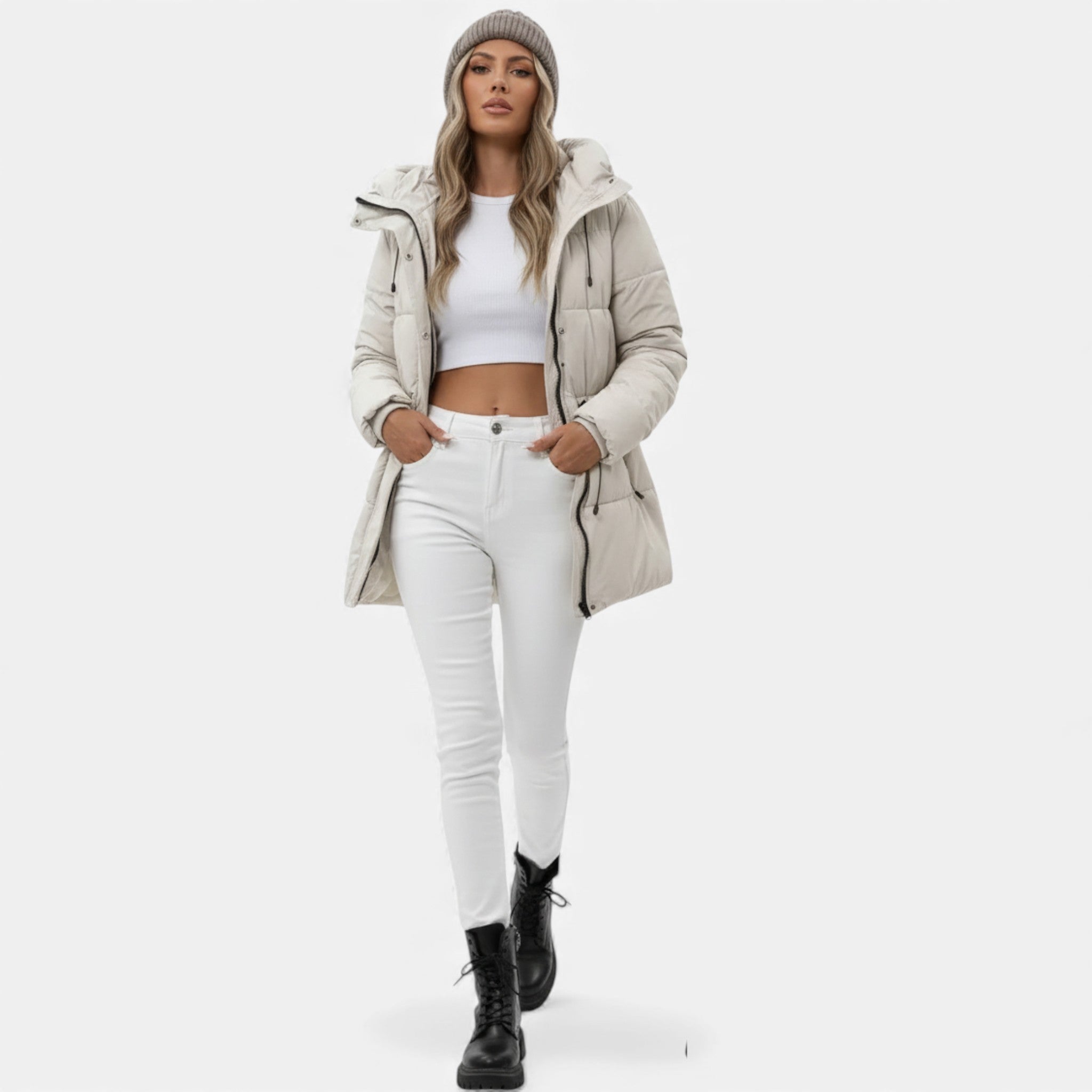 Women's Long Down Jacket with Hood and Adjustable Drawstring - J&B; - 5 - Elvaroza.com
