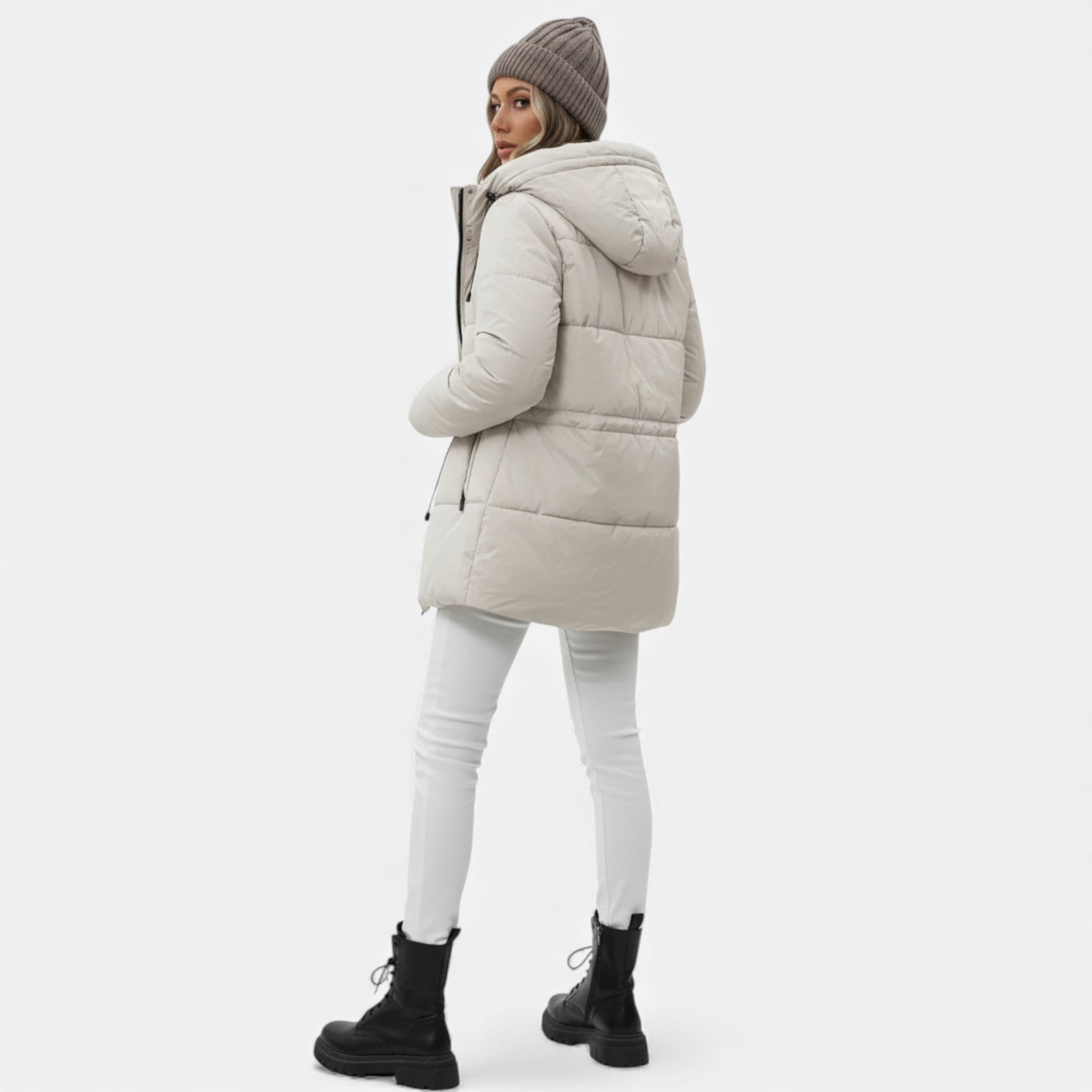 Women's Long Down Jacket with Hood and Adjustable Drawstring - J&B; - 6 - Elvaroza.com