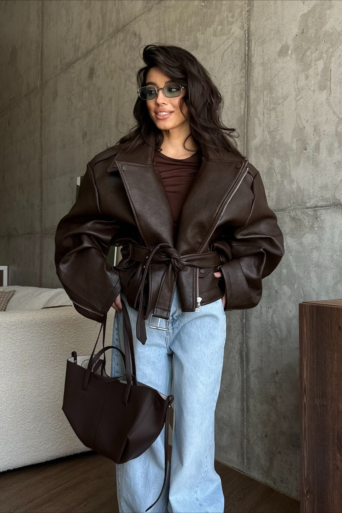 Women's Bomber Jacket with Belt and Oversized Fit - J&B; - 3 - Elvaroza.com