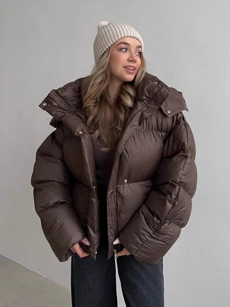 Women's Oversized Down Jacket with Zipper and Hood - J&B; - 2 - Elvaroza.com