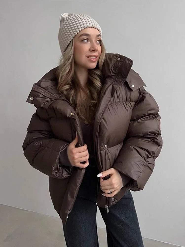 Women's Oversized Down Jacket with Zipper and Hood - J&B; - 3 - Elvaroza.com