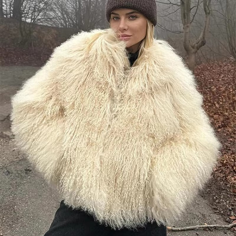 Women's oversized faux fur jacket with a high collar and a soft drape - J&B; - 3 - Elvaroza.com