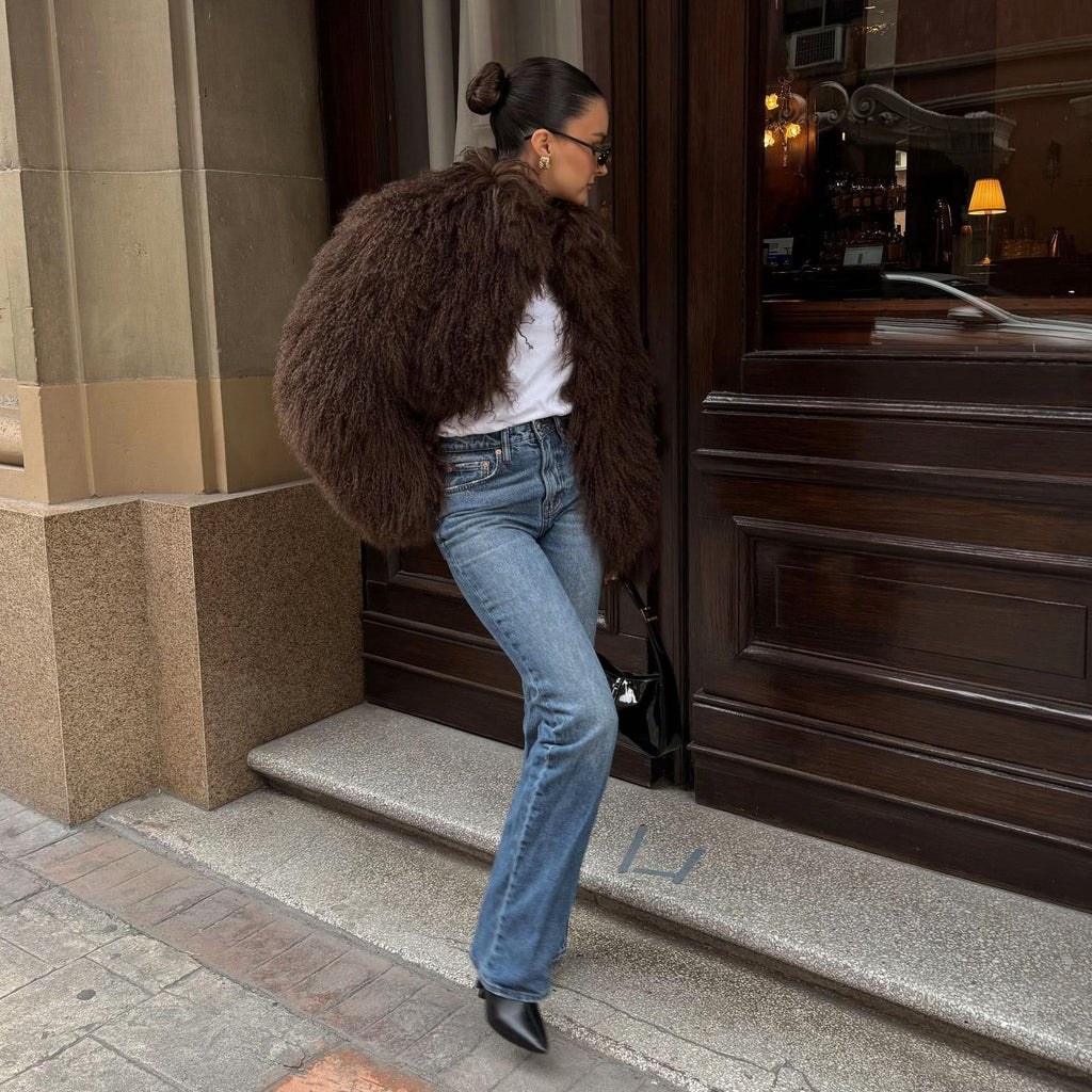 Women's oversized faux fur jacket with a high collar and a soft drape - J&B; - 6 - Elvaroza.com