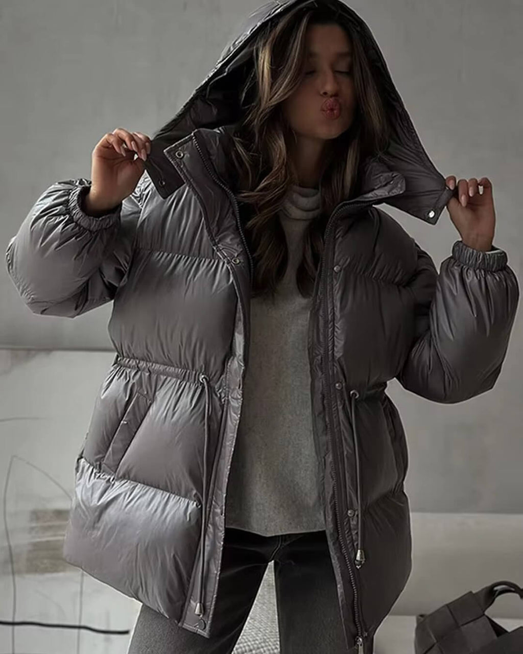 Women's Down Jacket with Drawstring and Longline Silhouette - J&B; - 6 - Elvaroza.com