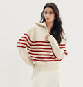 Women's loose-fit striped sweater with a zipper - J&B; - 1 - Elvaroza.com