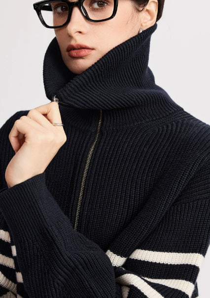 Women's loose-fit striped sweater with a zipper - J&B; - 3 - Elvaroza.com