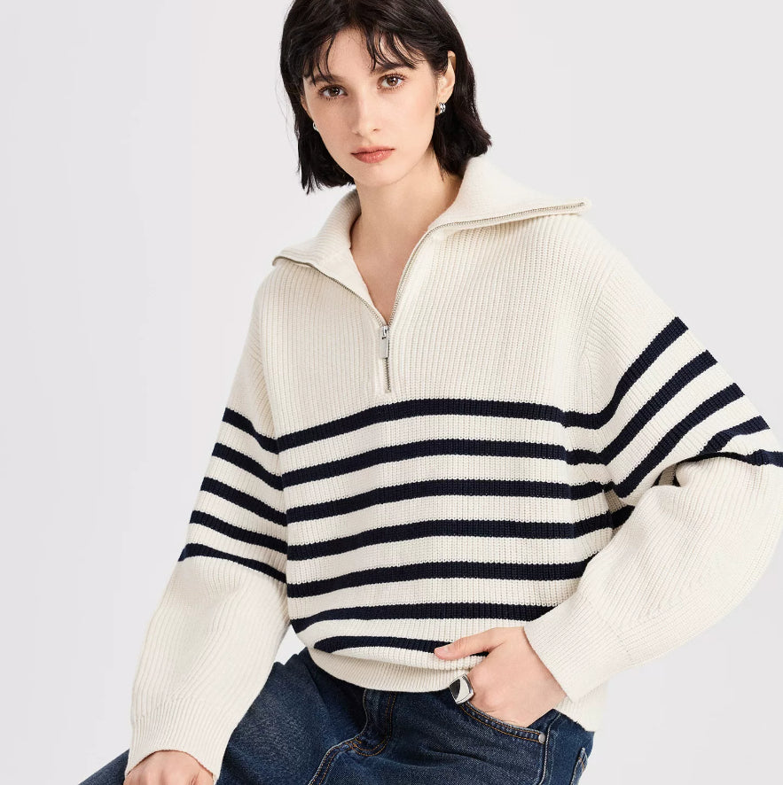 Women's loose-fit striped sweater with a zipper - J&B; - 4 - Elvaroza.com