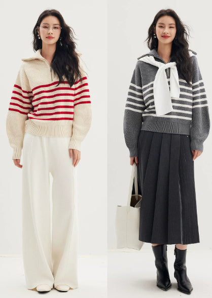 Women's loose-fit striped sweater with a zipper - J&B; - 7 - Elvaroza.com