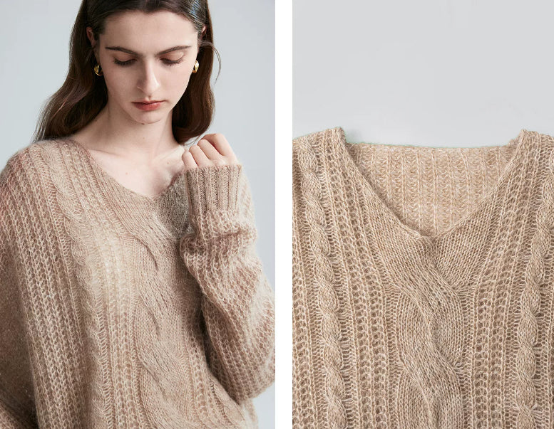 Women's V-neck Sweater with Cable Knit Pattern - J&B; - 1 - Elvaroza.com