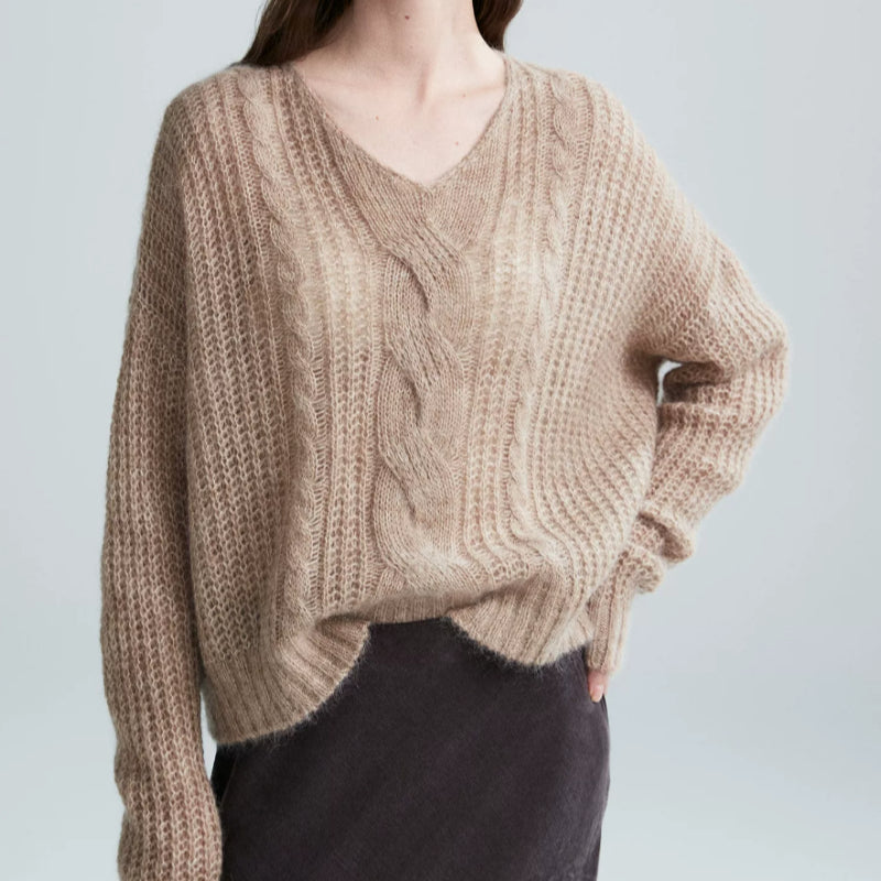 Women's V-neck Sweater with Cable Knit Pattern - J&B; - 2 - Elvaroza.com
