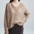 Women's V-neck Sweater with Cable Knit Pattern - J&B; - 2 - Elvaroza.com