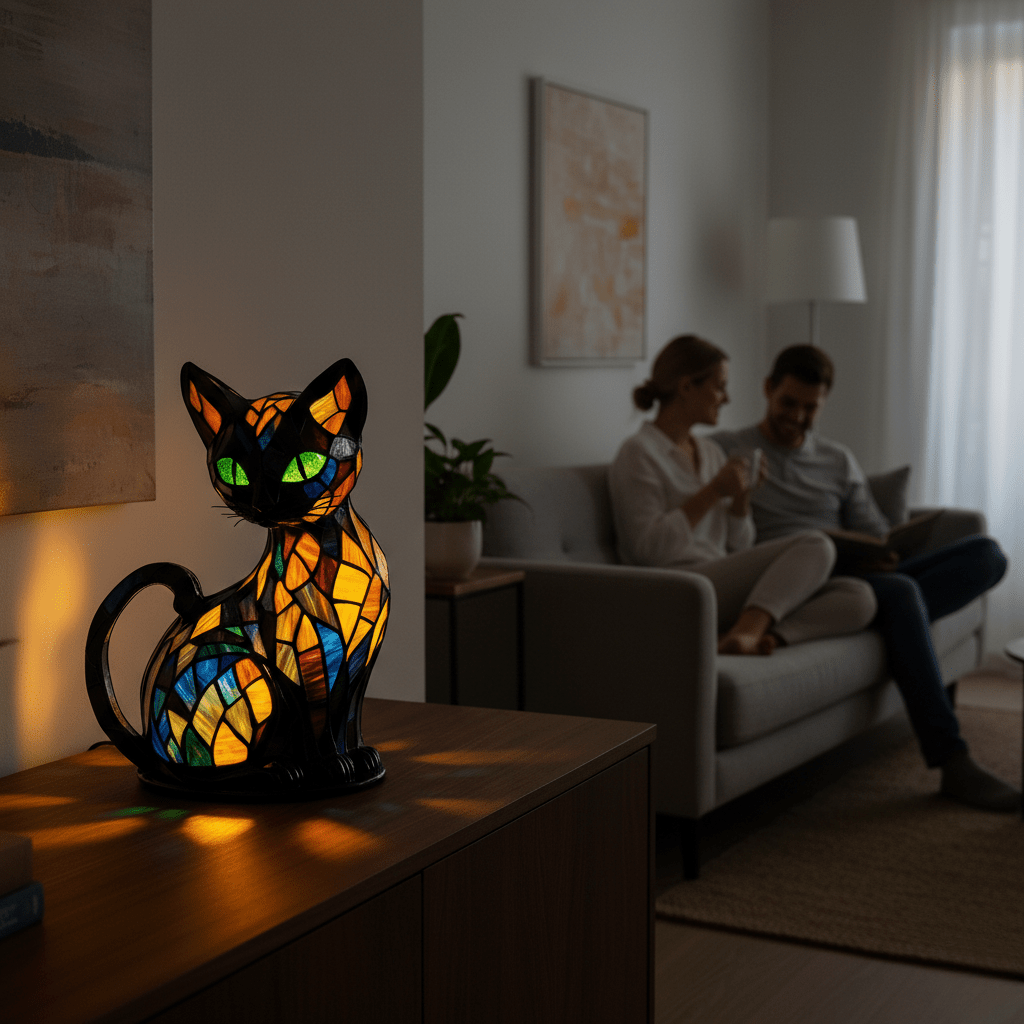 Stained Glass Cat Lamp – Illuminate Your Space with Style - Image 3