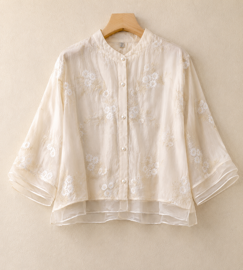 Kirsten – Women's cotton and linen blouse with a floral pattern