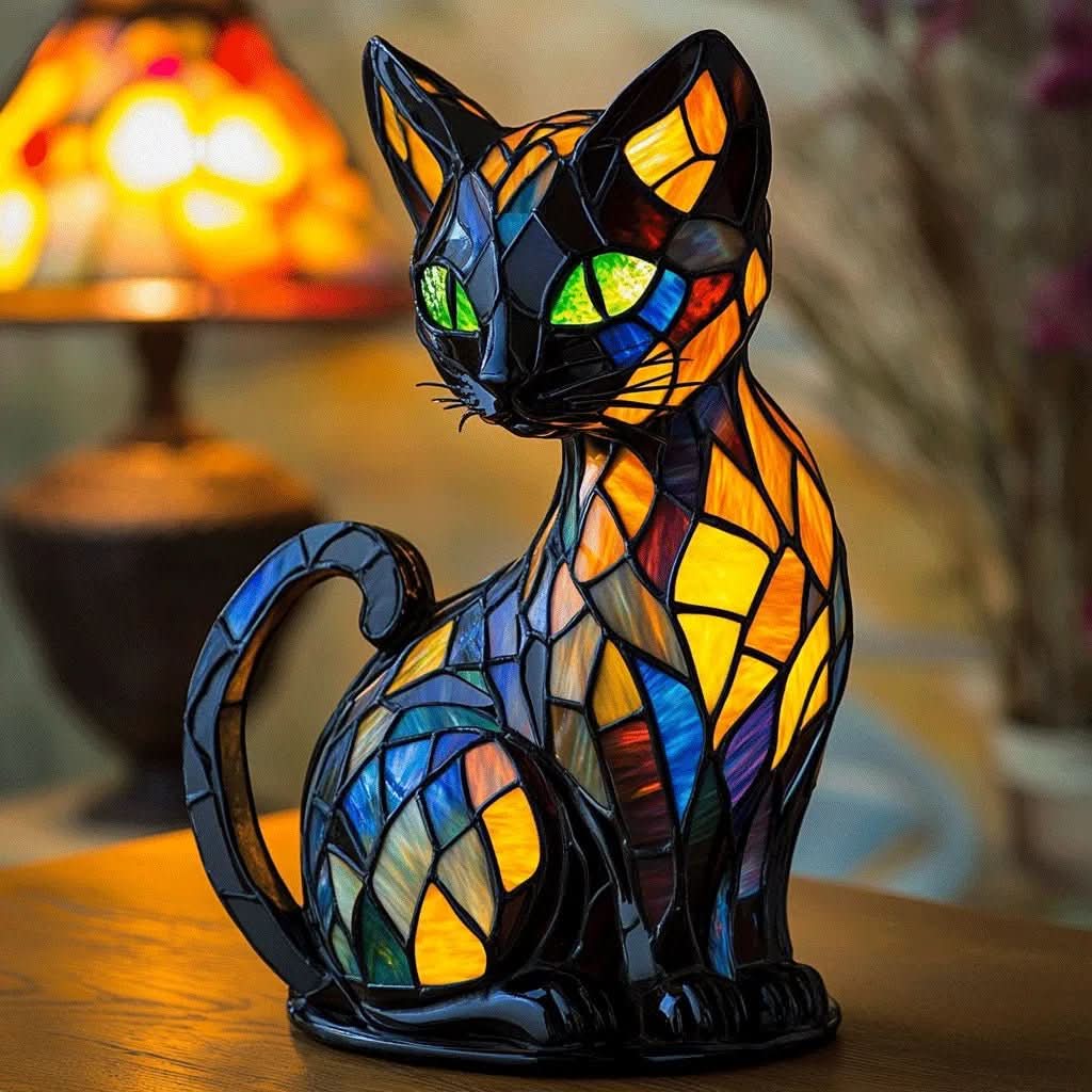 Stained Glass Cat Lamp – Illuminate Your Space with Style - Image 1