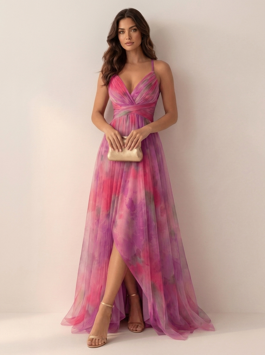 Maxi Dress Women's Watercolor Print with High Slit - Image 7