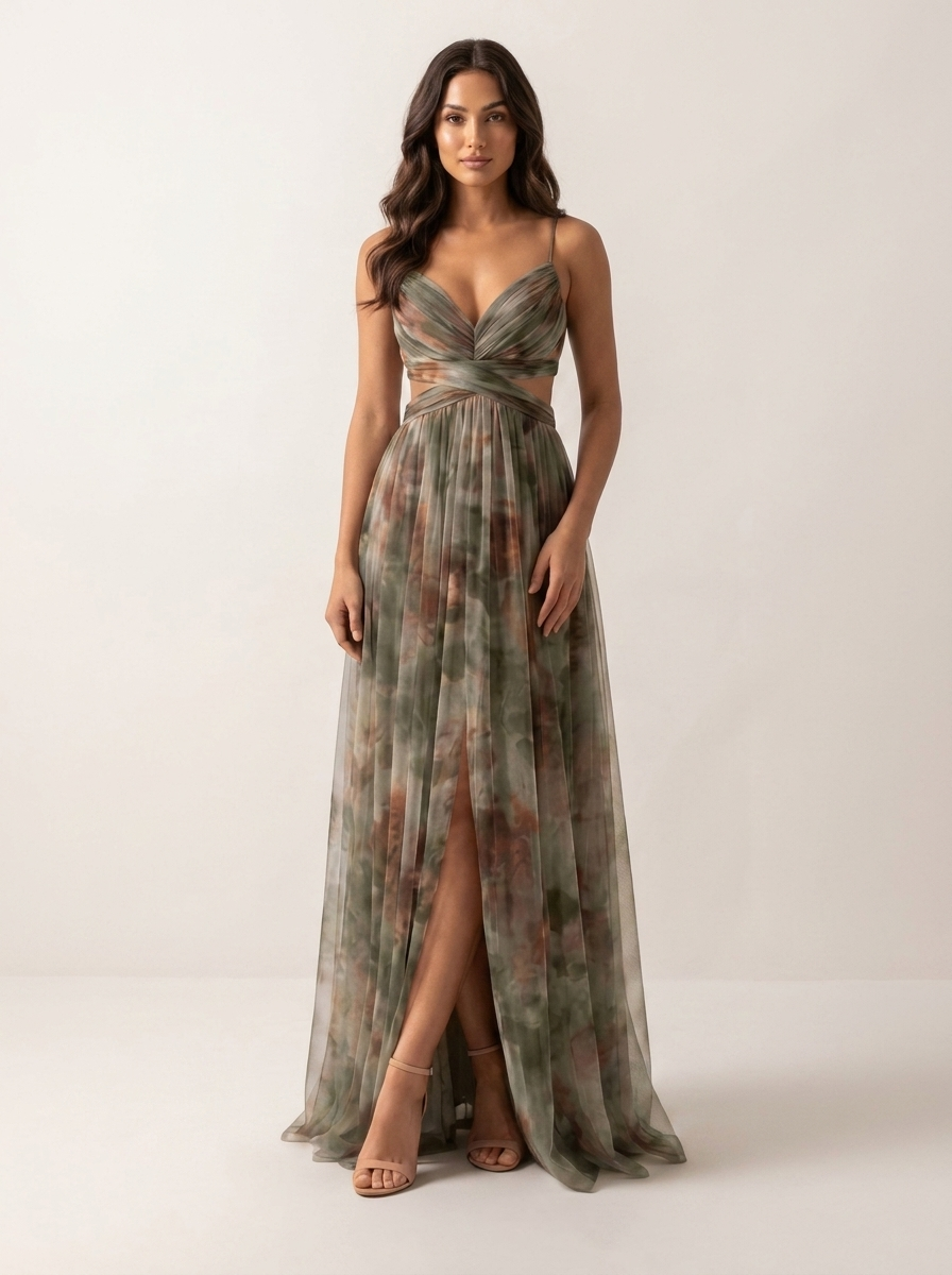Maxi Dress Women's Watercolor Print with High Slit - Image 3