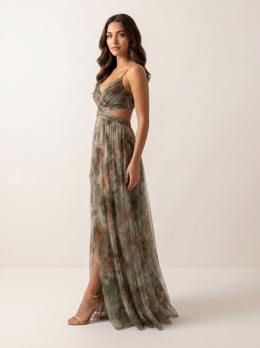 Maxi Dress Women's Watercolor Print with High Slit - Image 4