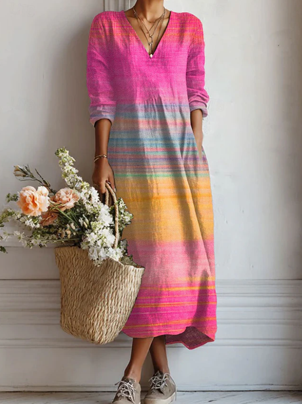 Maxi Dress Women in Vibrant Striped Fabric with Flattering V-Neck - Image 1