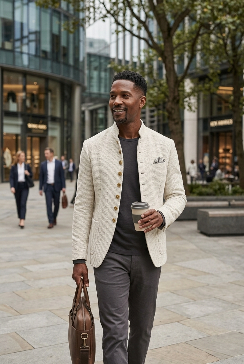 Custom-made men's jacket with a stand-up collar and elegant button details - J&B; - 2 - Elvaroza.com