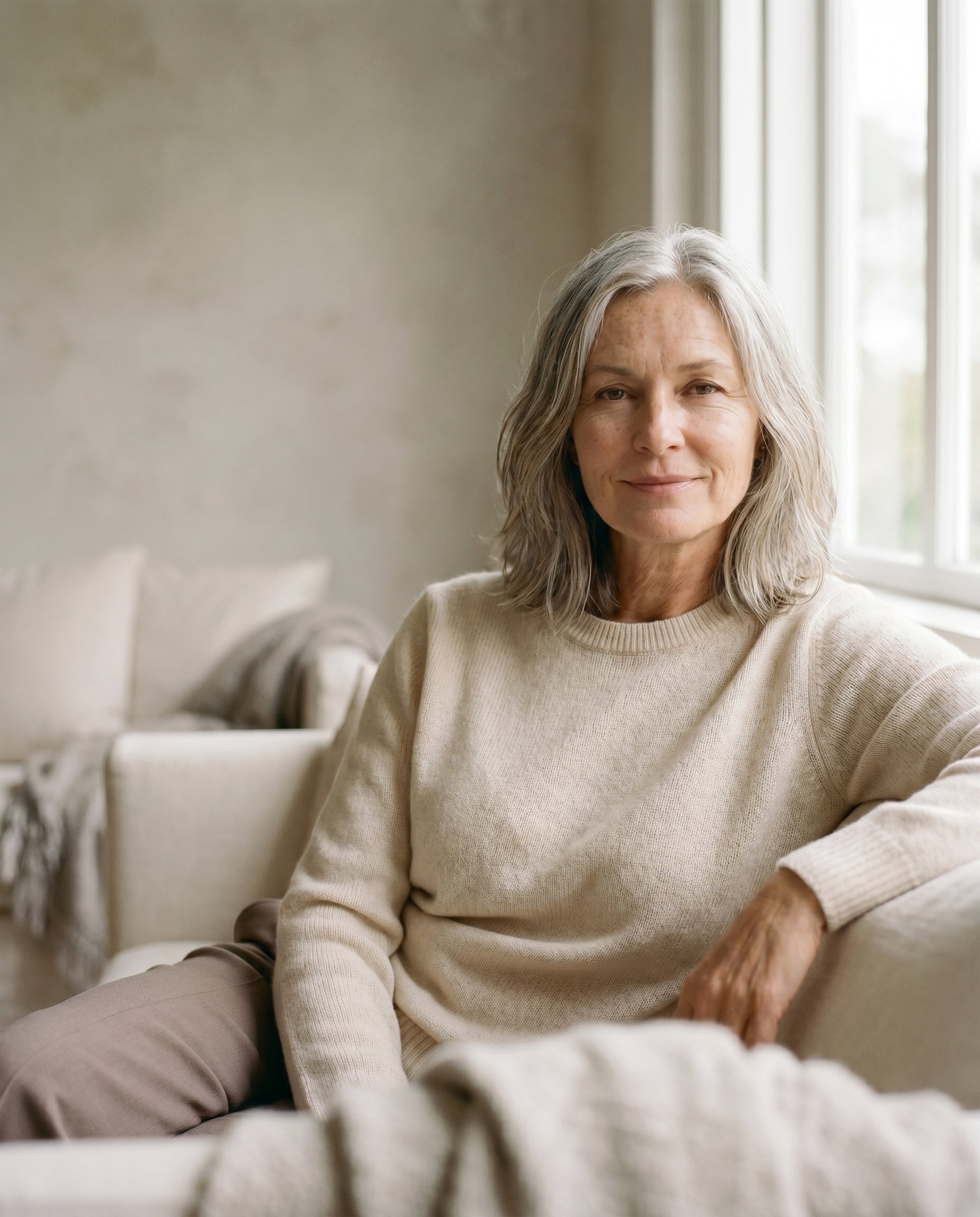 Elvaroza brand model in comfortable, flattering everyday clothing in warm natural light