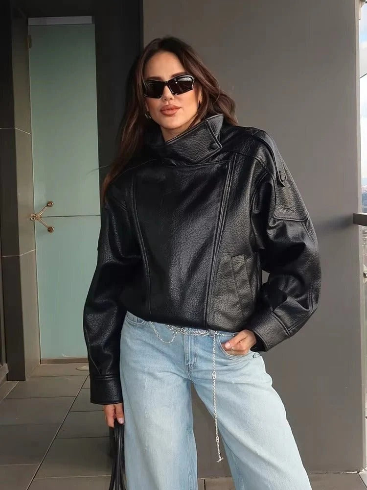 Women's Oversized Jacket with High Collar and Unique Button Detail | E&R - 1 - Elvaroza.com