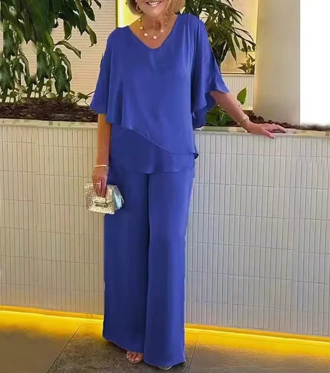 Women's Two-Piece Set with V-Neck and Flowy Design | E&R - 1 - Elvaroza.com
