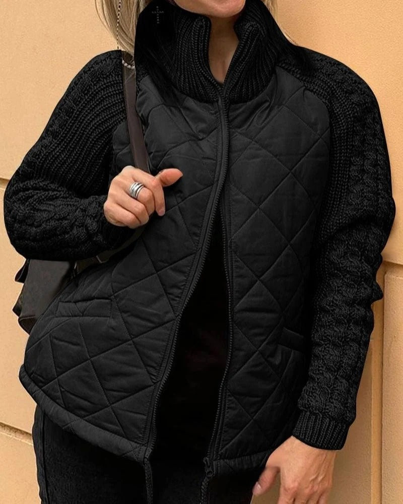 Women's Quilted Jacket with High Collar and Cozy Knit Sleeves | E&R - 2 - Elvaroza.com