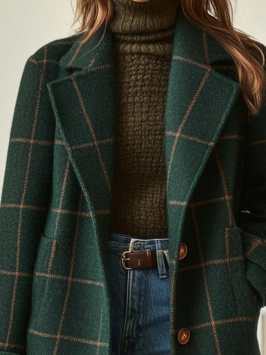 Plaid Women's Coat with Tailored Fit and Button Closure | E&R - 2 - Elvaroza.com