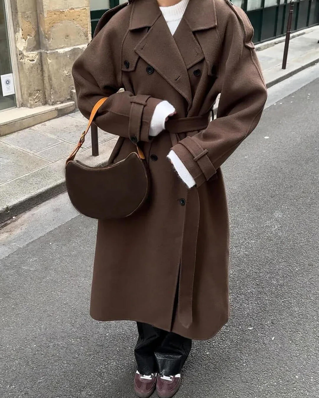 Long Women's Coat with Oversized Fit and Double-Breasted Closure | E&R - 1 - Elvaroza.com