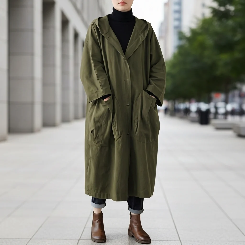 Women's Long Utility Jacket with Hood and Pockets | E&R - 1 - Elvaroza.com