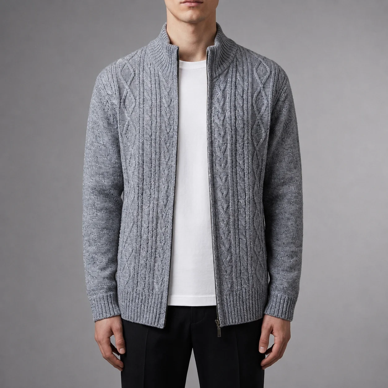 Men's Cable Knit Jacket with Stand-Up Collar | E&R - 5 - Elvaroza.com