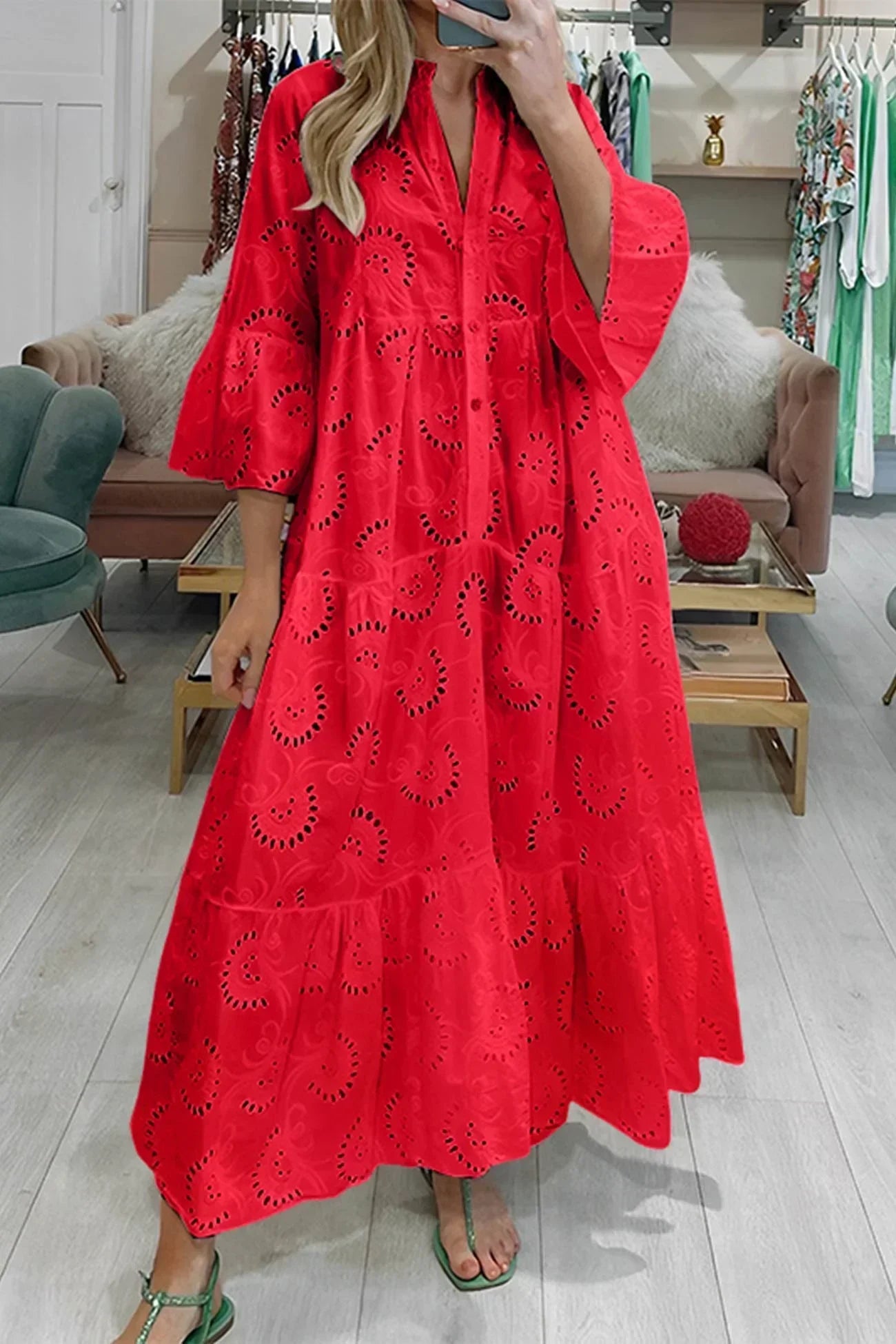 Helga – Elegant 3/4 sleeves and a V-neck Dress - Image 2