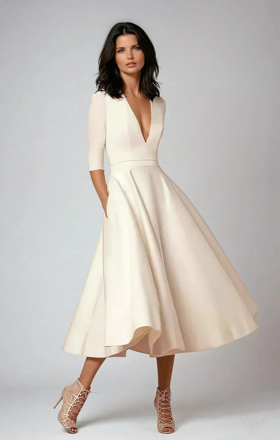 Daniela – V-neck 3/4 sleeves and pockets Dress - Image 1