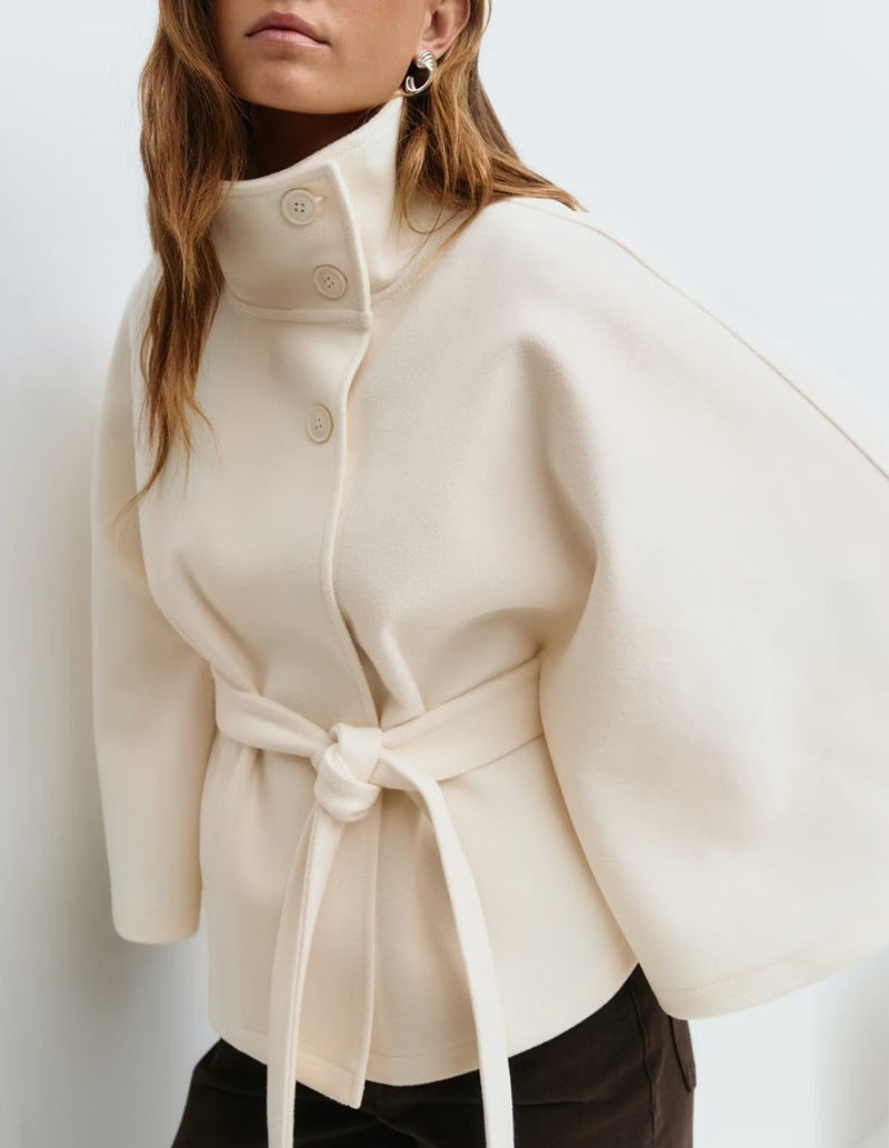 Short women's jacket with a belt at the waist and a high collar - J&B; - 2 - Elvaroza.com