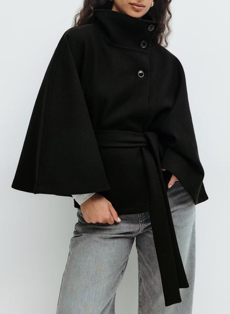 Short women's jacket with a belt at the waist and a high collar - J&B; - 3 - Elvaroza.com