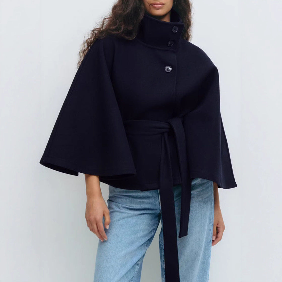Short women's jacket with a belt at the waist and a high collar - J&B; - 4 - Elvaroza.com